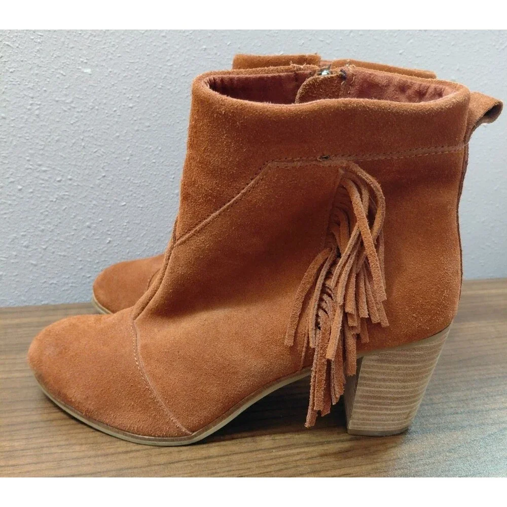 Toms Lunata Booties Ankle Boots Cognac Suede Fringe Women's Size 9.5 Side Zipper - Picture 3 of 10